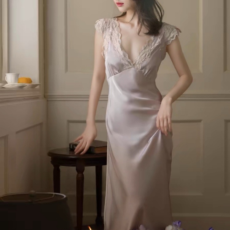Slim-Fit French-Style Ice-Silk Long Nightgown | Lace Trim