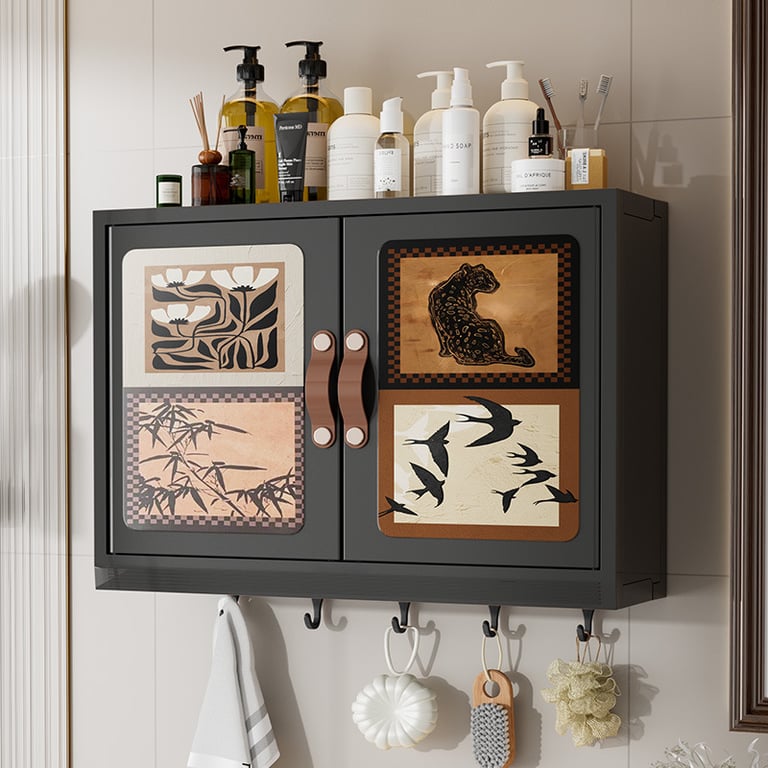 Wall-Mounted Bathroom Storage Cabinet | Decorative Doors & Hooks
