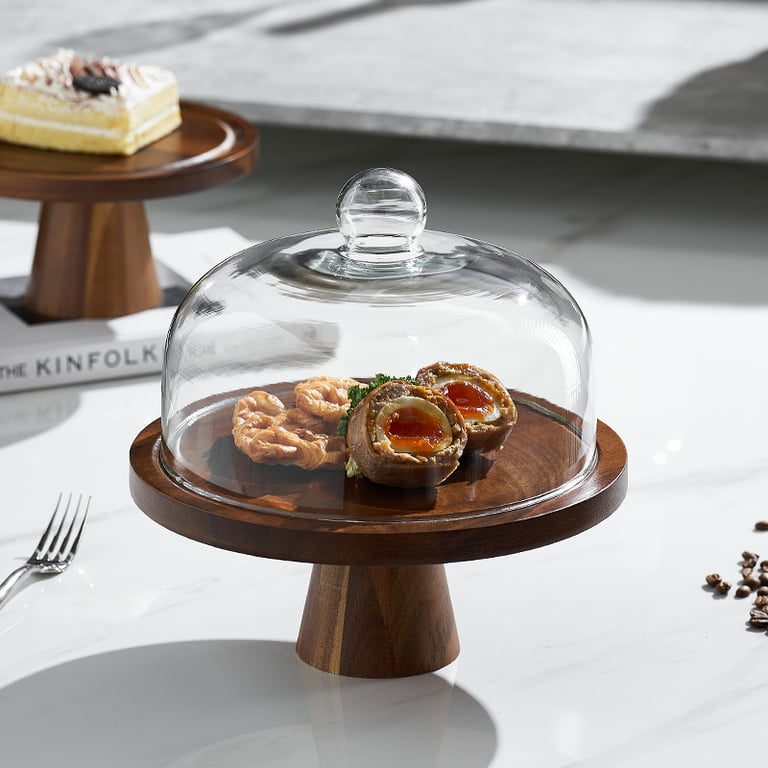 Retro Lovewood Tray with Glass Dome | Wooden Fruit Plate Organizer
