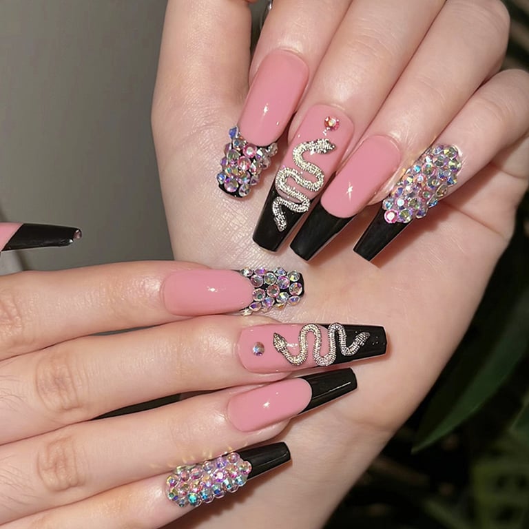 24 PCS Diamond Snake Coffin Press-On Nails | Rhinestone Nail Art